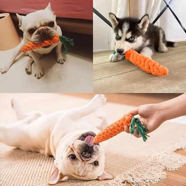 Carrot‑shaped cotton rope chew toy, bite‑resistant and durable, supports dental health for cats and dogs.