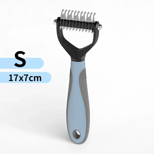 Double‑sided stainless steel pet hair removal comb with rounded teeth and ergonomic handle for cats and dogs.