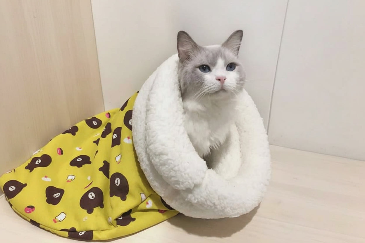 Cat sitting inside a white pet bed with a yellow quilt featuring cartoon fish, text overlay about the quilt's use as a cat's nest.