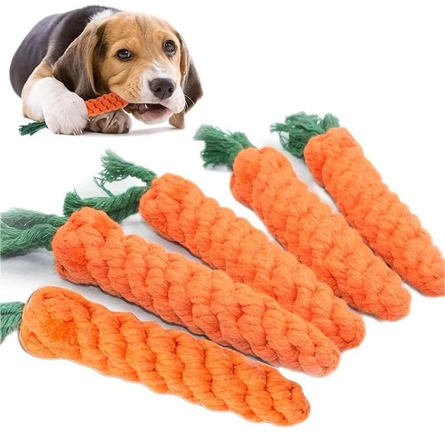 Carrot‑shaped cotton rope chew toy, bite‑resistant and durable, supports dental health for cats and dogs.