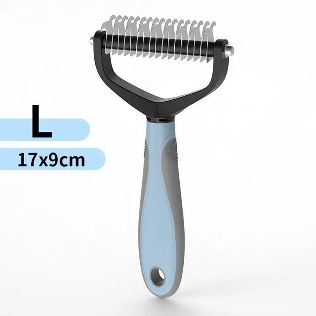 Double‑sided stainless steel pet hair removal comb with rounded teeth and ergonomic handle for cats and dogs.