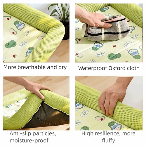 Square cooling pet bed with waterproof fabric, raised edge, and anti‑slip base for cats and dogs.